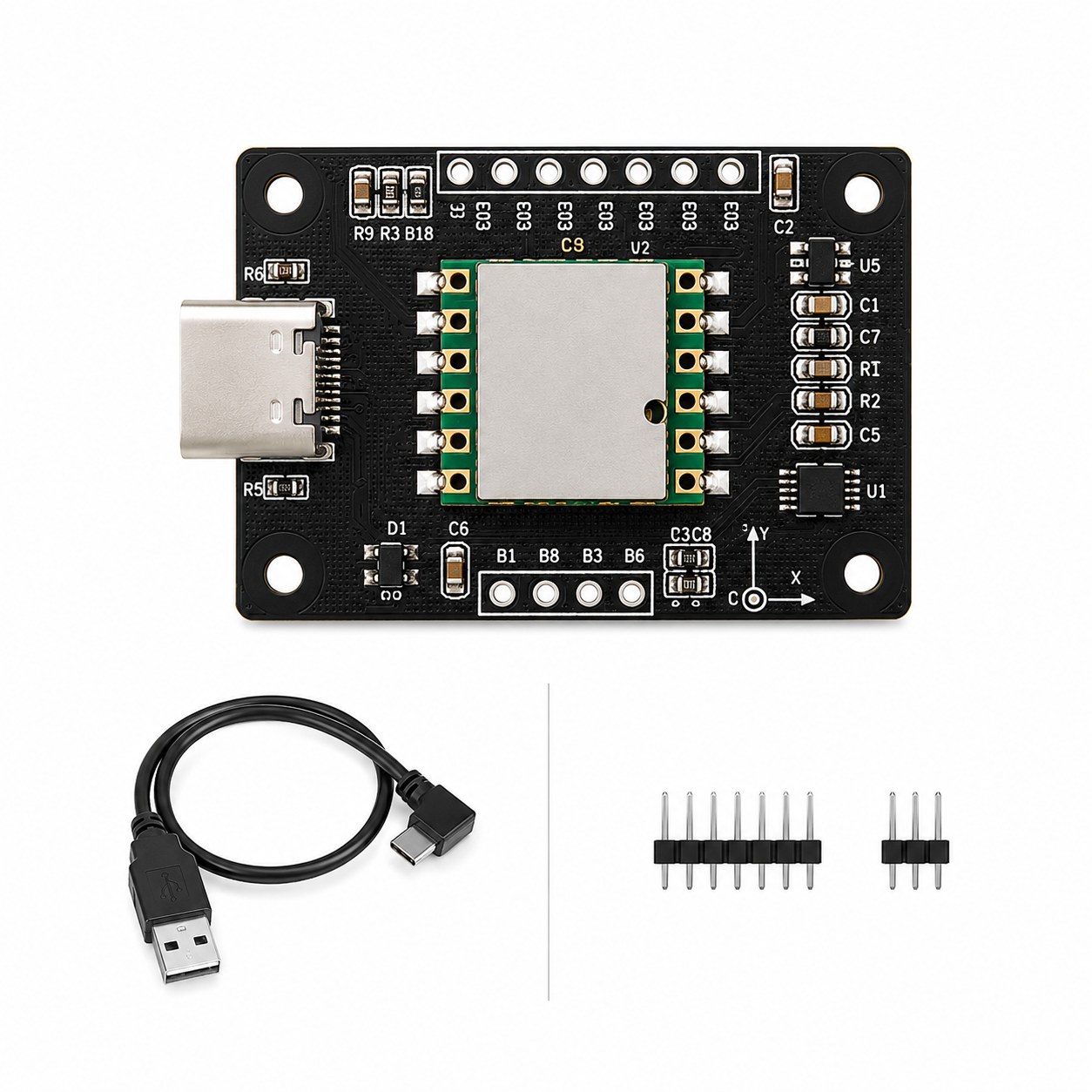 DR100 IMU package includes module, Type-C cable, and pin headers